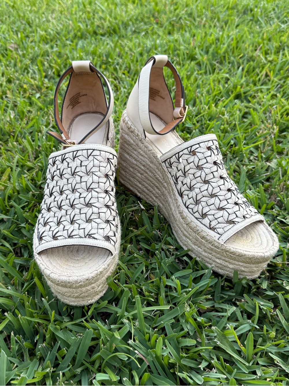 Tory Burch Cream Woven Espadrille Wedge Sandals